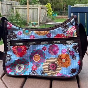 LeSportsac Classic Hobo Blue Brown Floral Bag Purse Crossbody